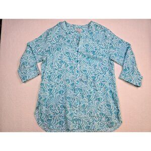 Zozo Womens Button-Up 100% Linen Blouse L Aquatic Leaf Print Top Tunic Blue